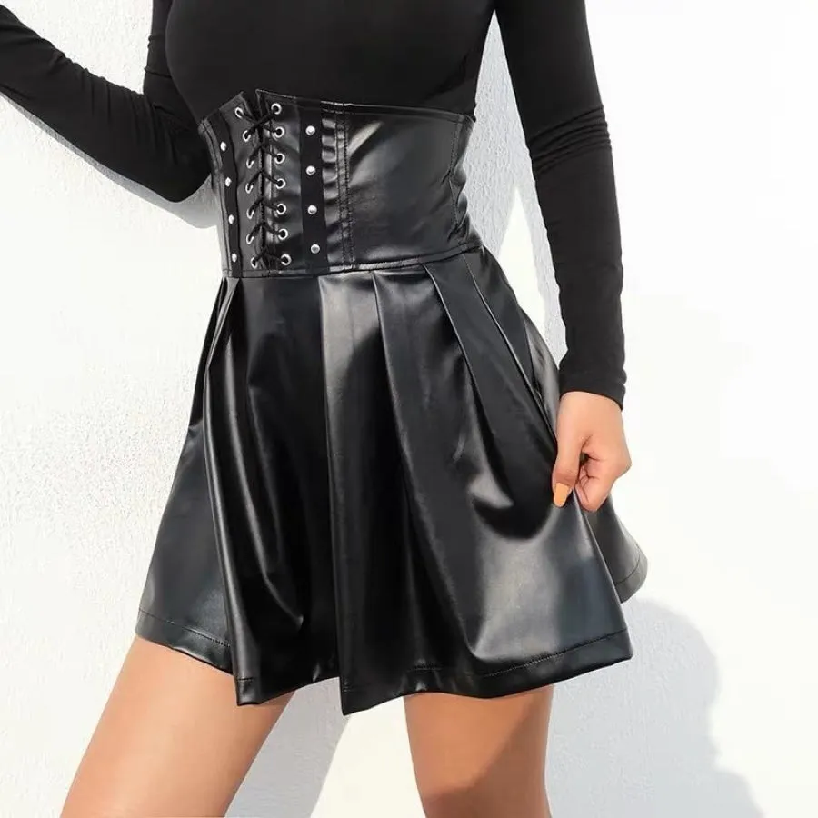 Adjustable Lace Up High Waist Skirt PU Leather Black skirt J30001