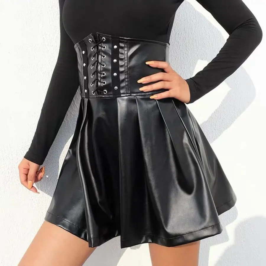 Adjustable Lace Up High Waist Skirt PU Leather Black skirt J30001