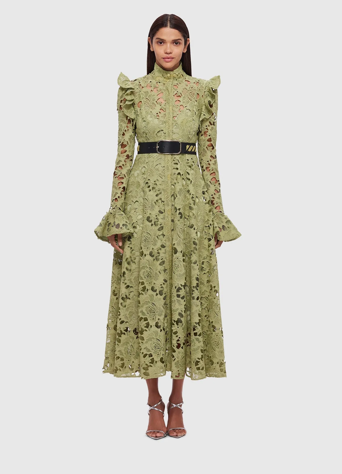 Aliyah Lace Butterfly Sleeve Midi Dress - Olive
