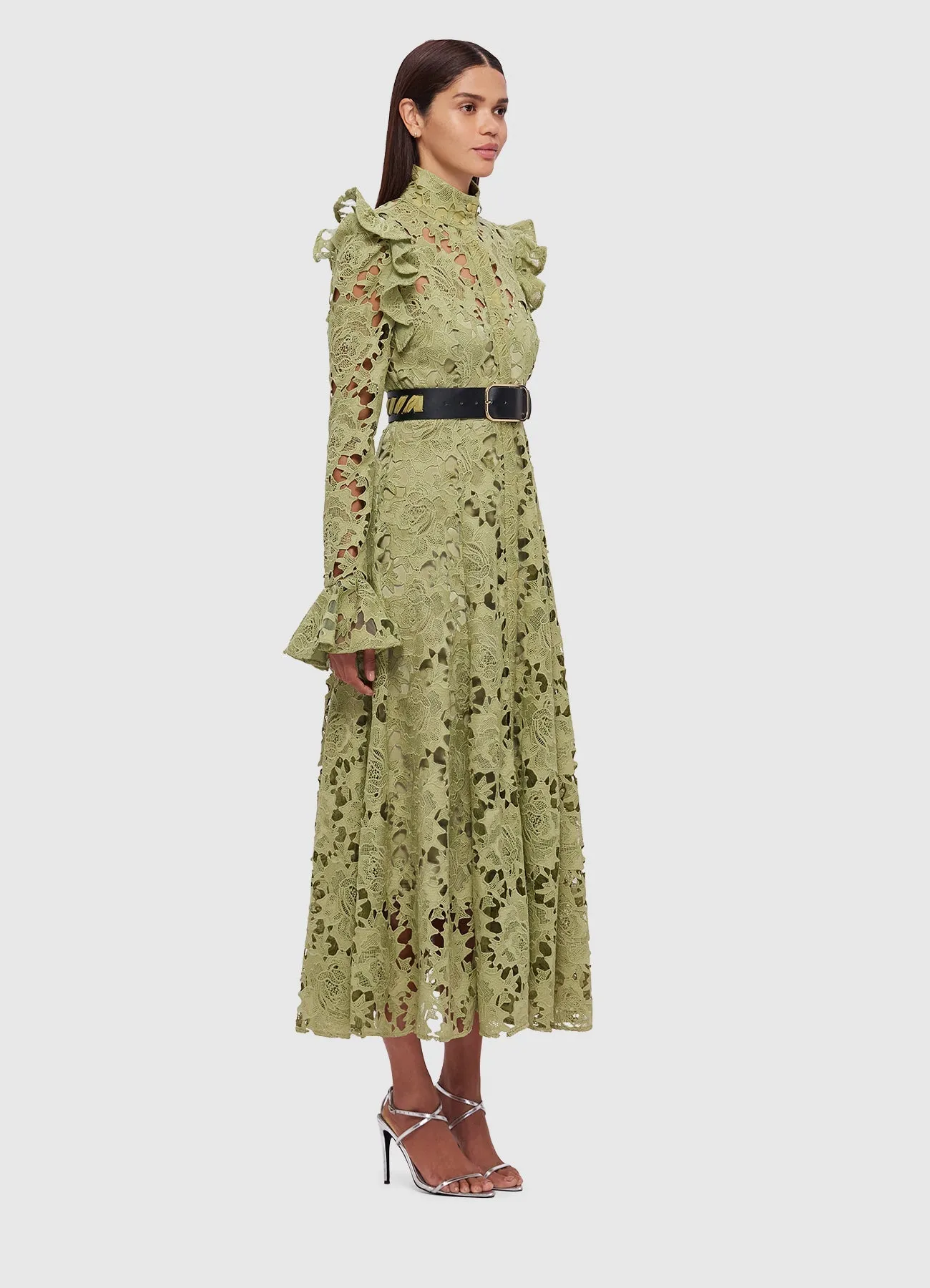 Aliyah Lace Butterfly Sleeve Midi Dress - Olive