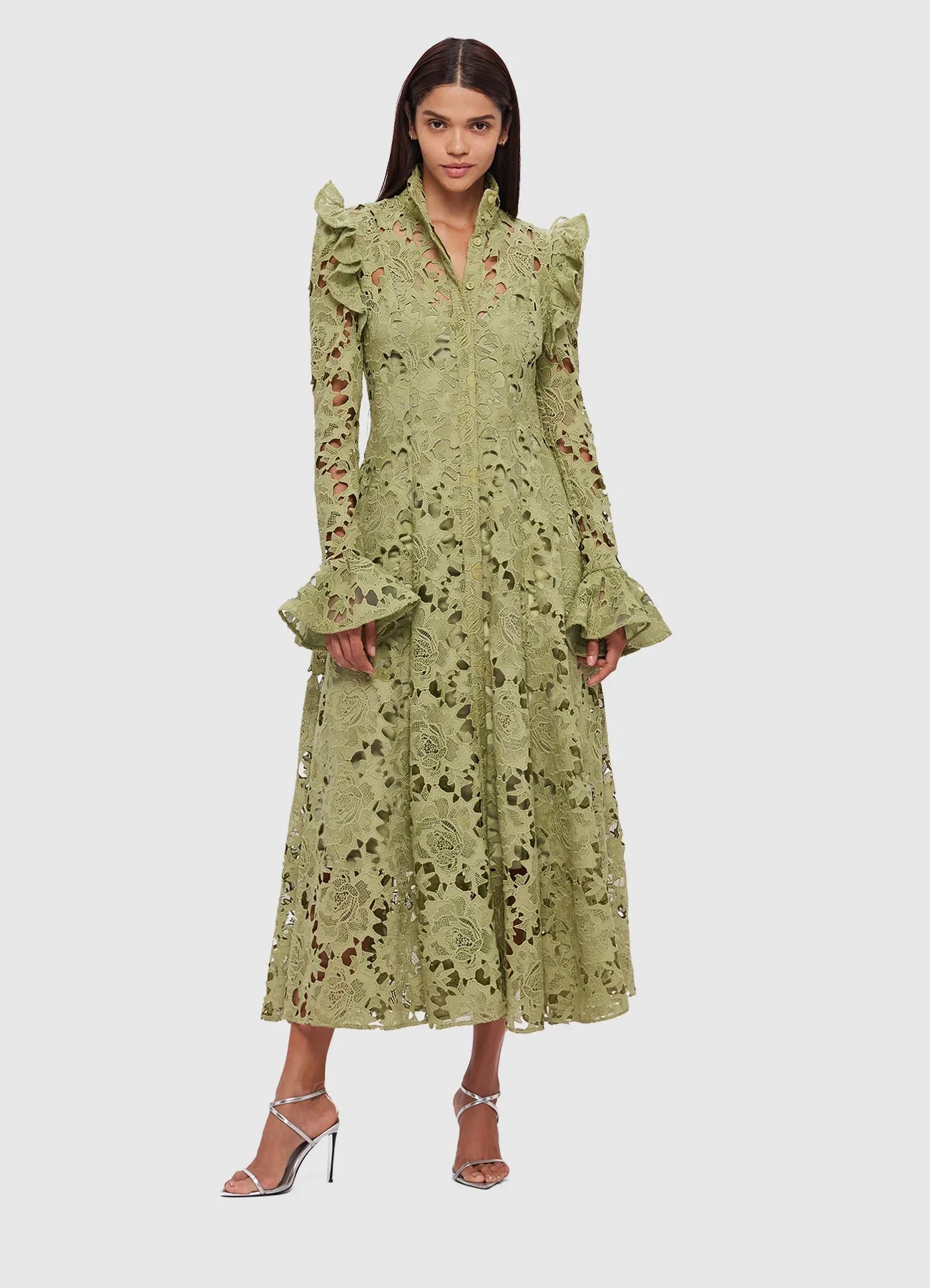 Aliyah Lace Butterfly Sleeve Midi Dress - Olive