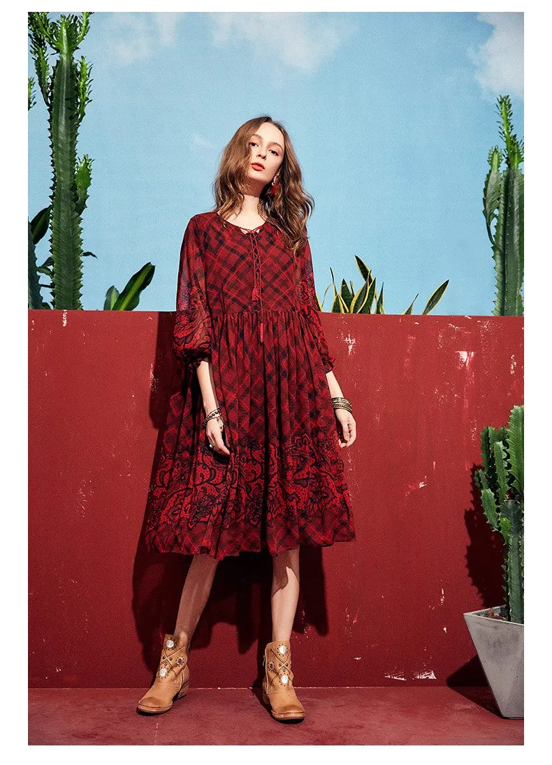 ARTKA VINTAGE CHECK AND FLORAL PRINT MIDI DRESS