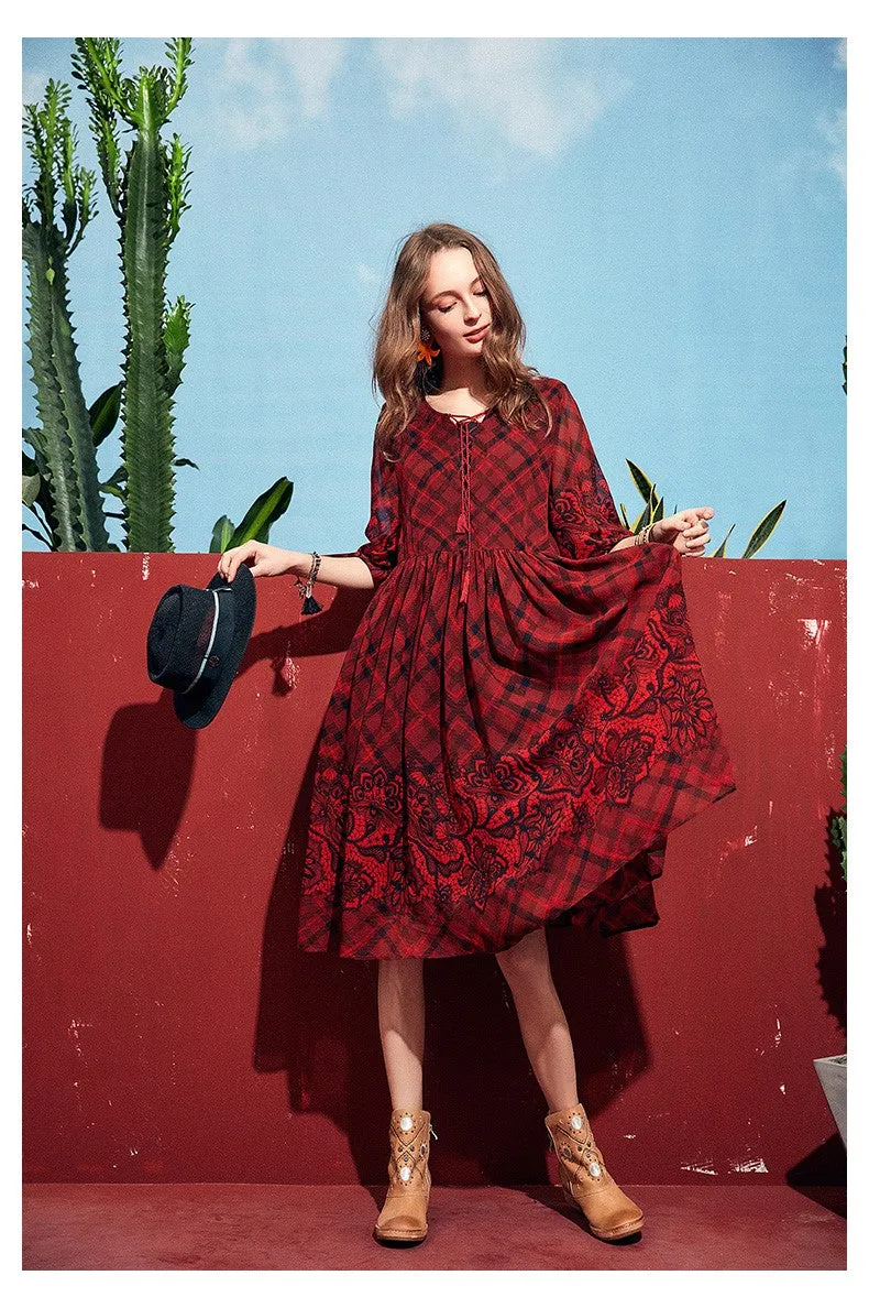 ARTKA VINTAGE CHECK AND FLORAL PRINT MIDI DRESS