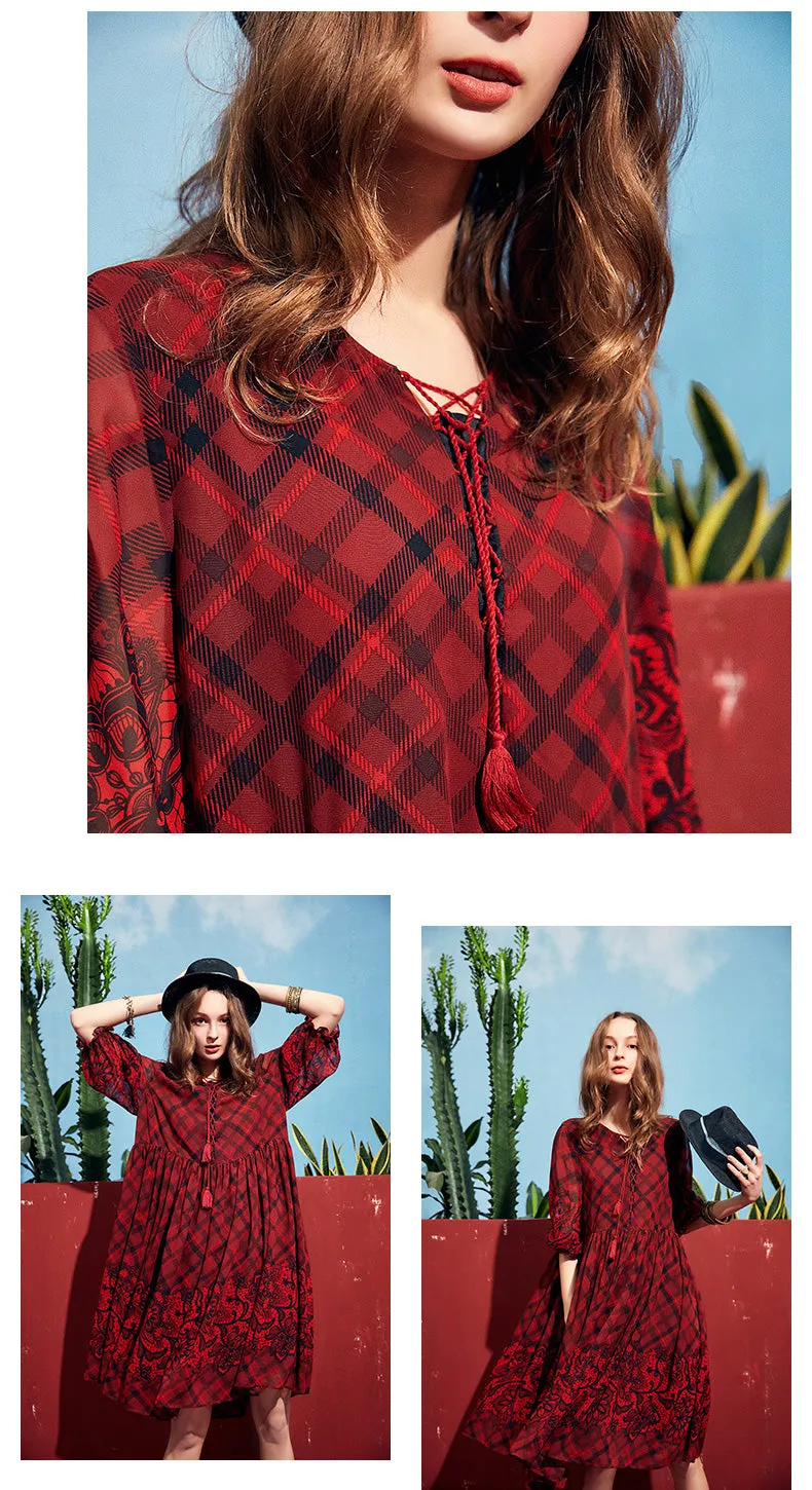 ARTKA VINTAGE CHECK AND FLORAL PRINT MIDI DRESS