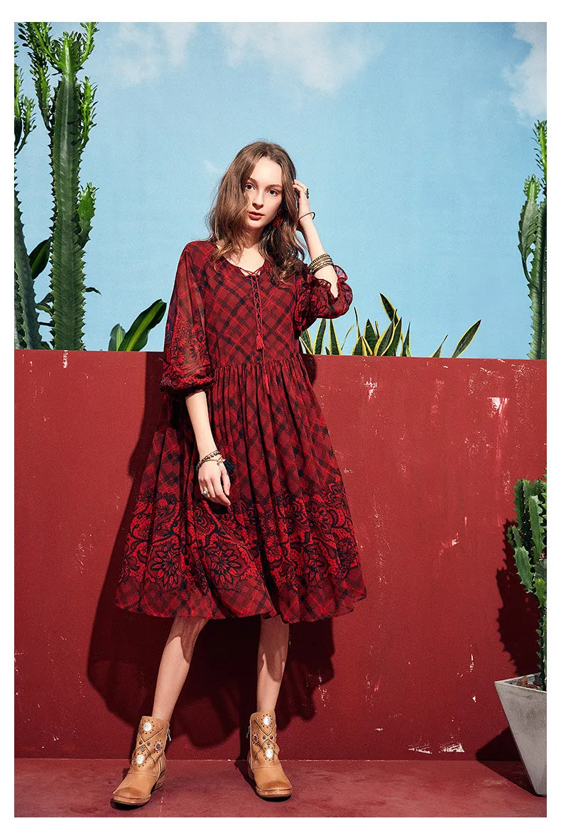 ARTKA VINTAGE CHECK AND FLORAL PRINT MIDI DRESS