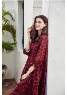 ARTKA VINTAGE CHECK AND FLORAL PRINT MIDI DRESS