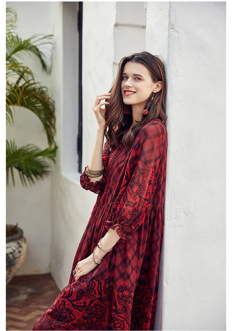 ARTKA VINTAGE CHECK AND FLORAL PRINT MIDI DRESS