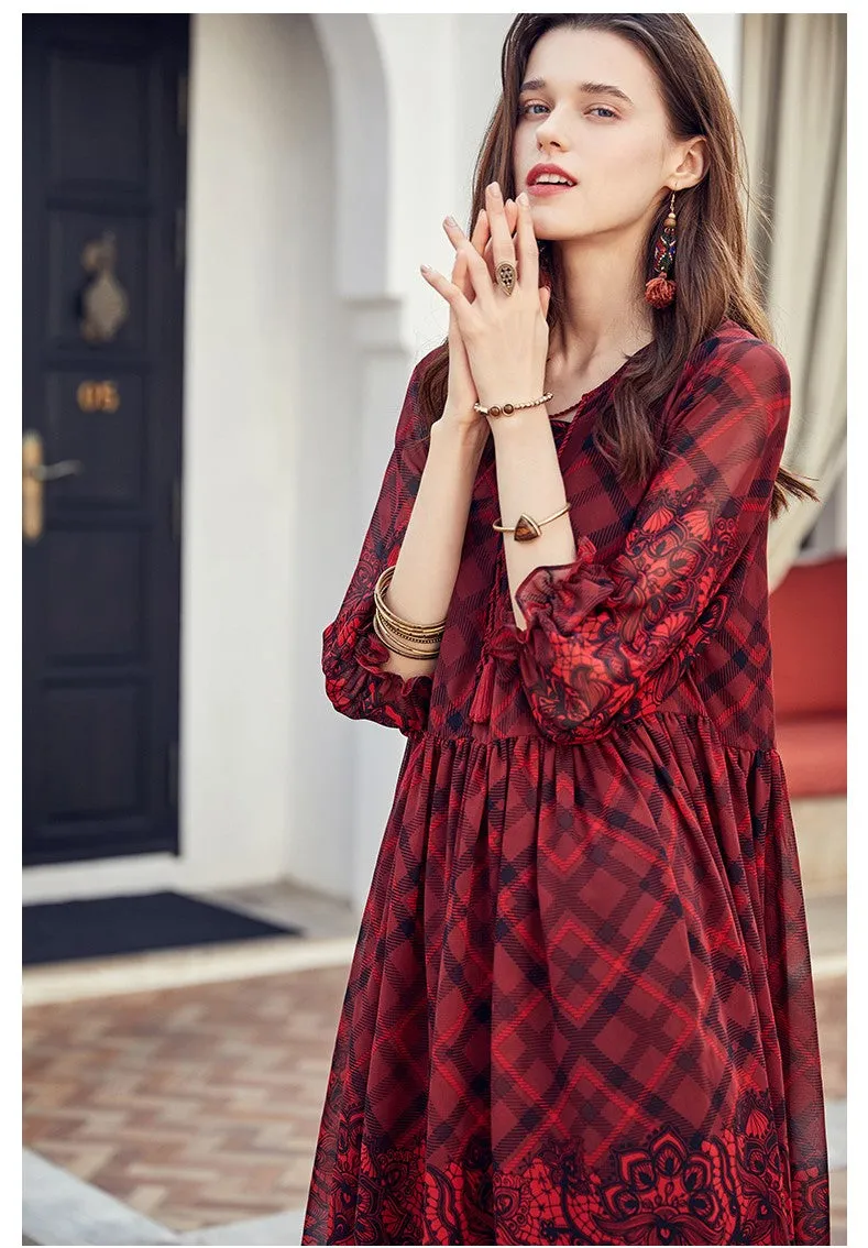 ARTKA VINTAGE CHECK AND FLORAL PRINT MIDI DRESS