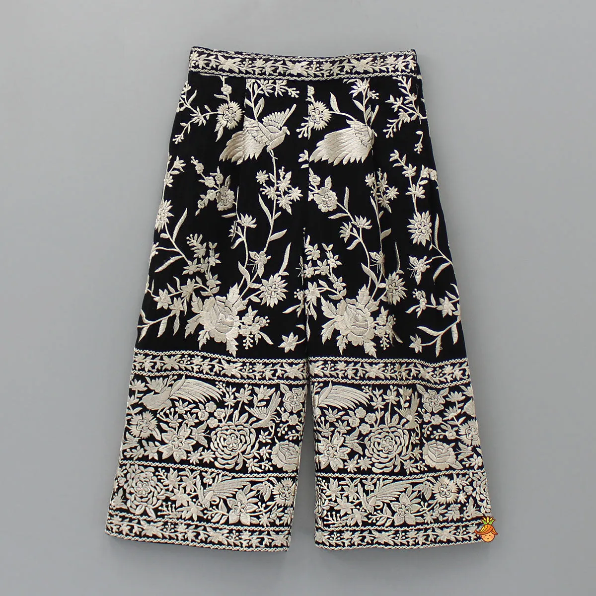 Black Top With Pom Poms Detailed Embroidered Cape And Palazzo