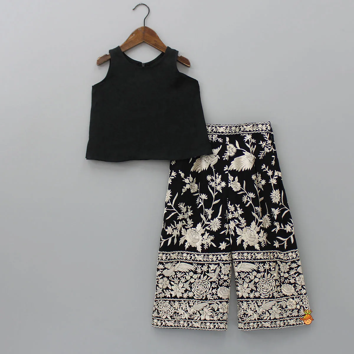 Black Top With Pom Poms Detailed Embroidered Cape And Palazzo