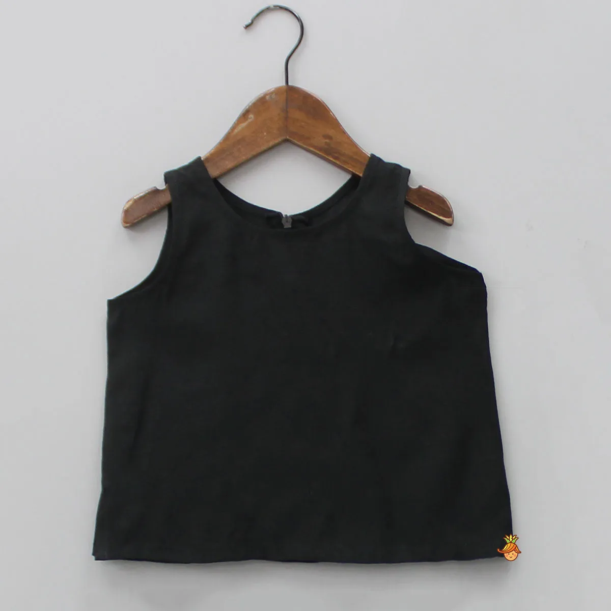 Black Top With Pom Poms Detailed Embroidered Cape And Palazzo