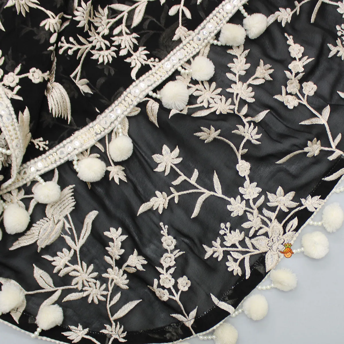 Black Top With Pom Poms Detailed Embroidered Cape And Palazzo