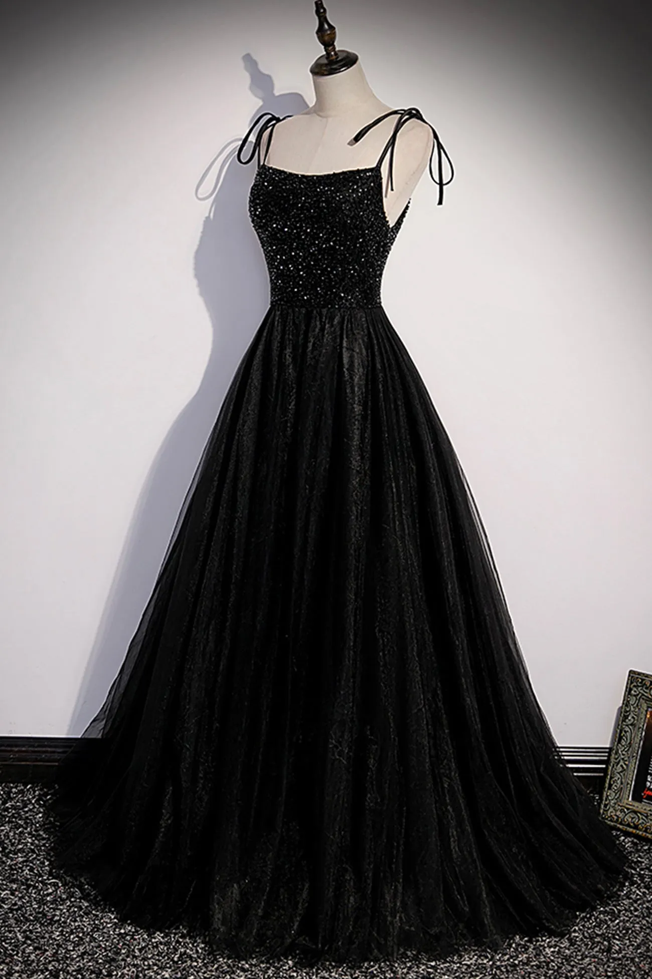 Black Tulle Beaded Long Prom Dress, A-Line Spaghetti Straps Evening Dress