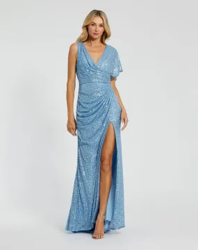 Blue Sequined Asymmetrical Draped Trumpet Gown