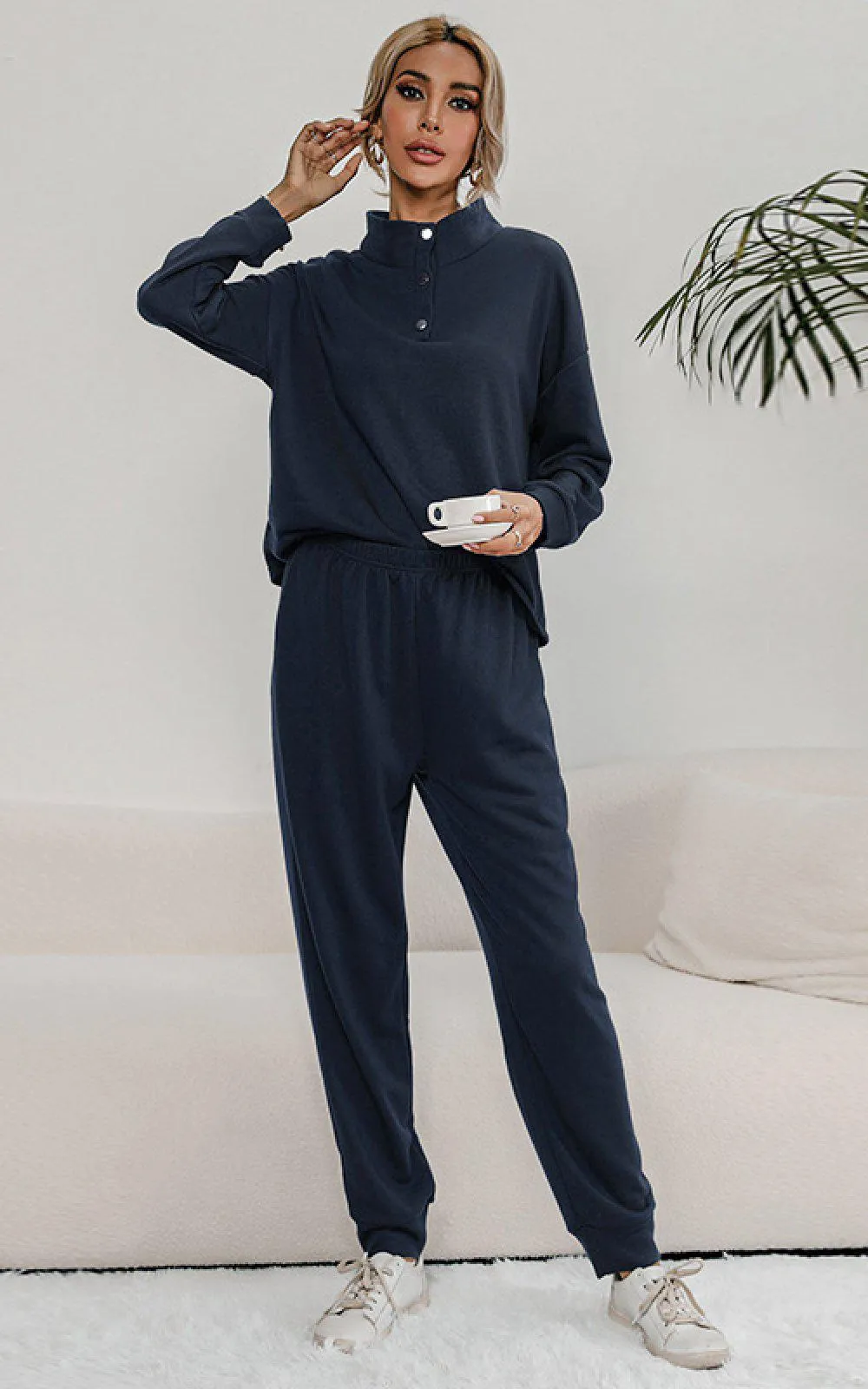Blue Zone Planet |  Buttoned Collar Top and Pants Lounge Set