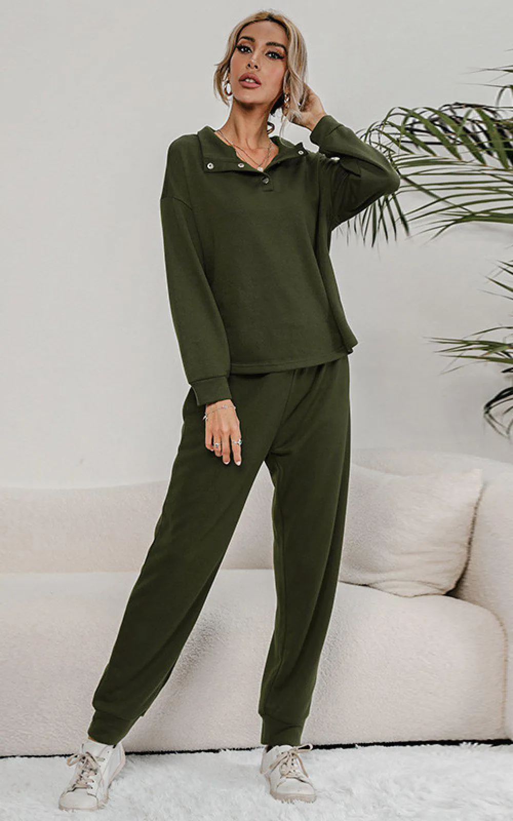 Blue Zone Planet |  Buttoned Collar Top and Pants Lounge Set