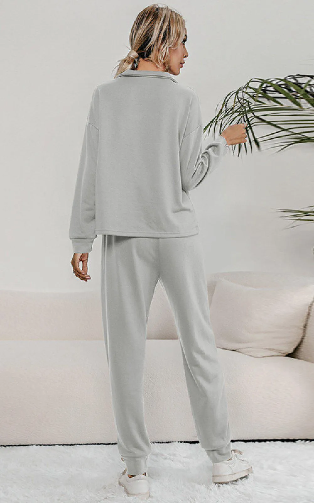 Blue Zone Planet |  Buttoned Collar Top and Pants Lounge Set