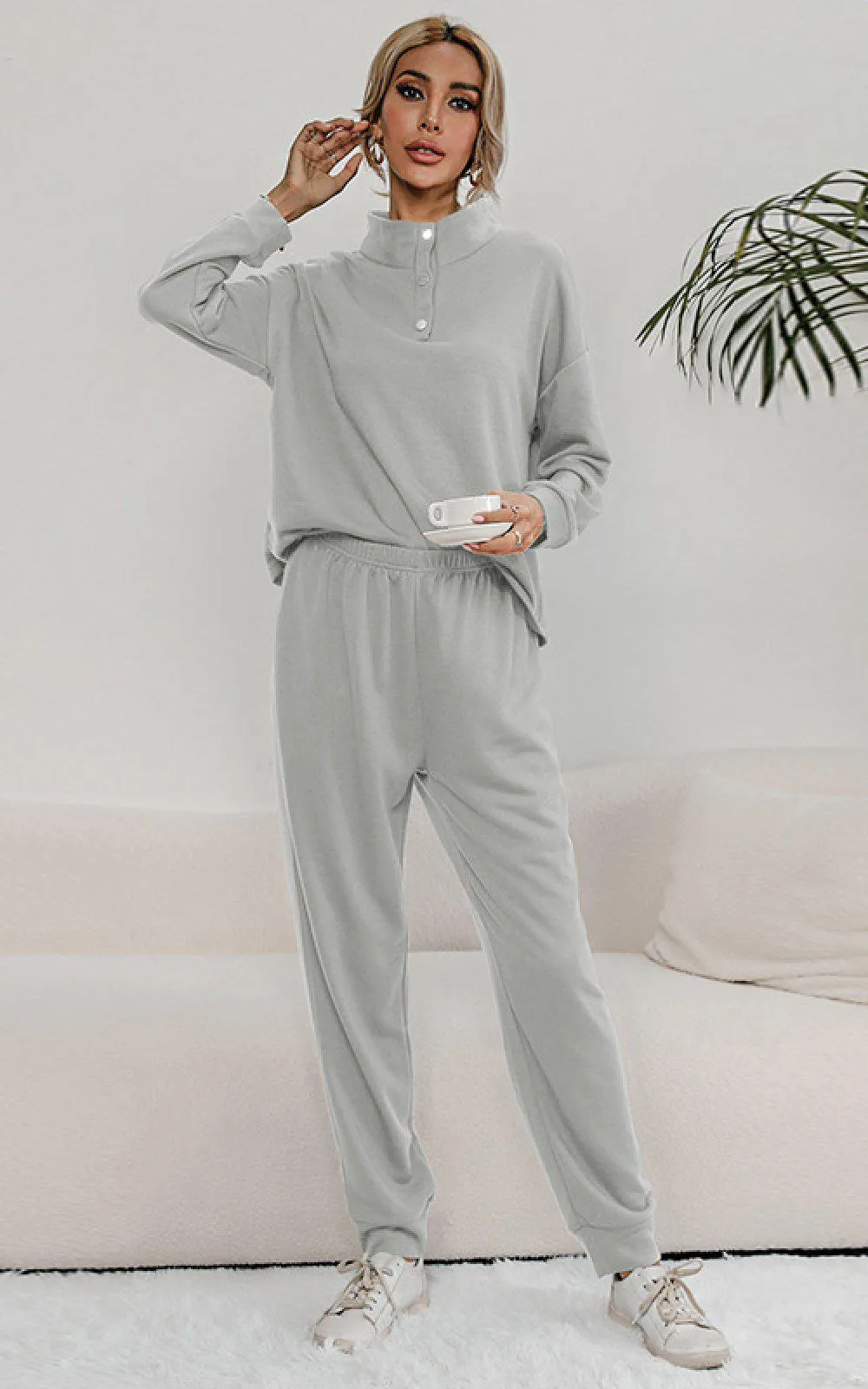 Blue Zone Planet |  Buttoned Collar Top and Pants Lounge Set