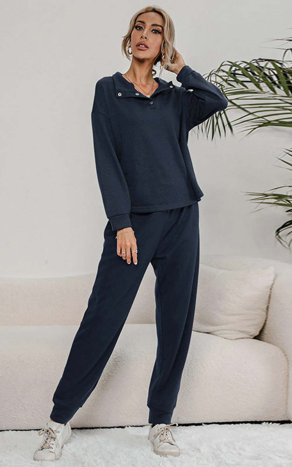 Blue Zone Planet |  Buttoned Collar Top and Pants Lounge Set