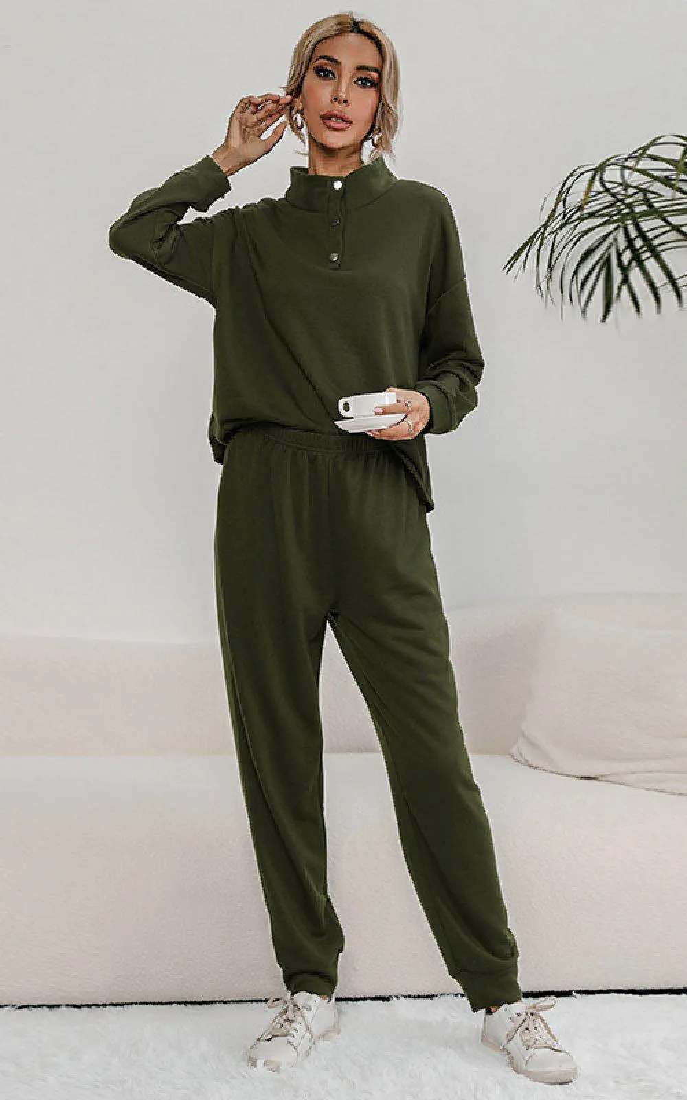 Blue Zone Planet |  Buttoned Collar Top and Pants Lounge Set