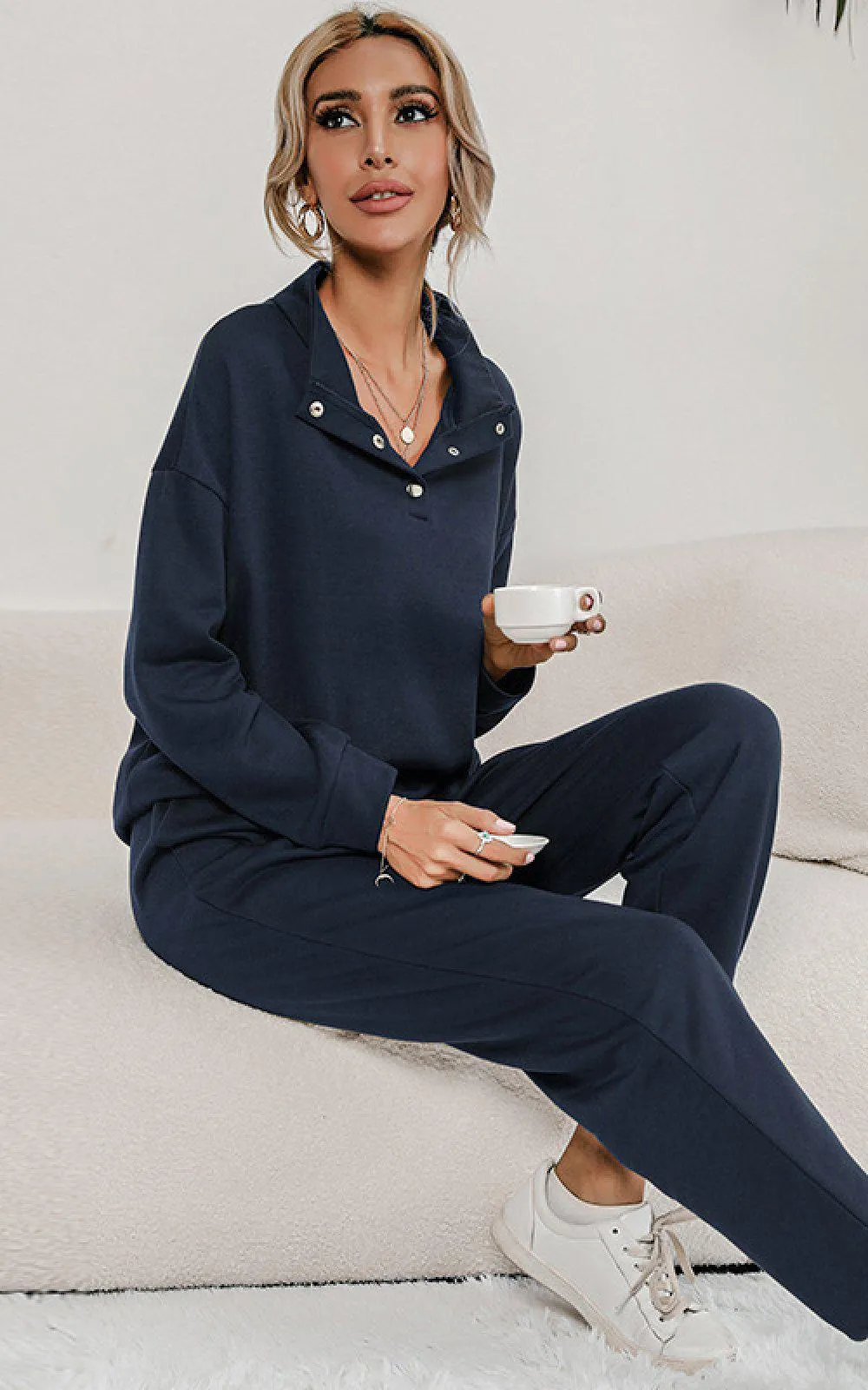 Blue Zone Planet |  Buttoned Collar Top and Pants Lounge Set