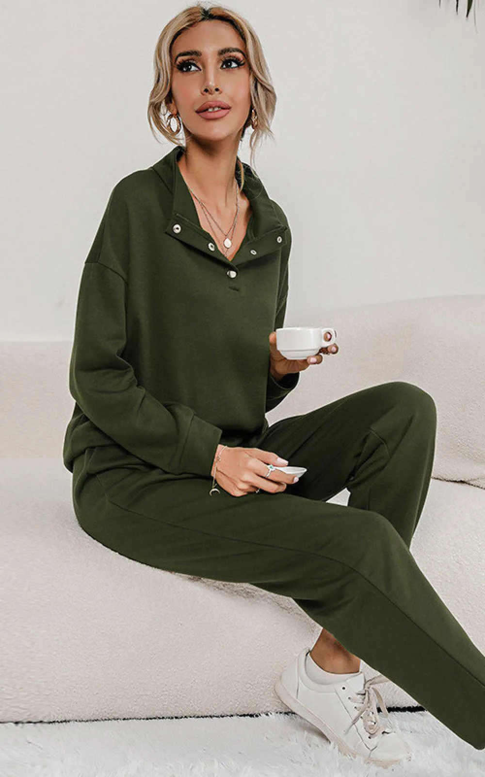 Blue Zone Planet |  Buttoned Collar Top and Pants Lounge Set