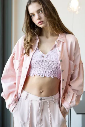 Button Down Raw Hem Distressed Shacket in Powder Pink