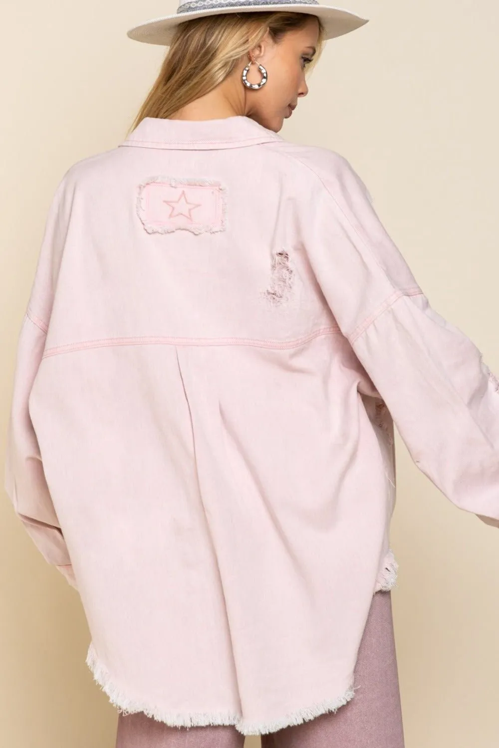 Button Down Raw Hem Distressed Shacket in Powder Pink