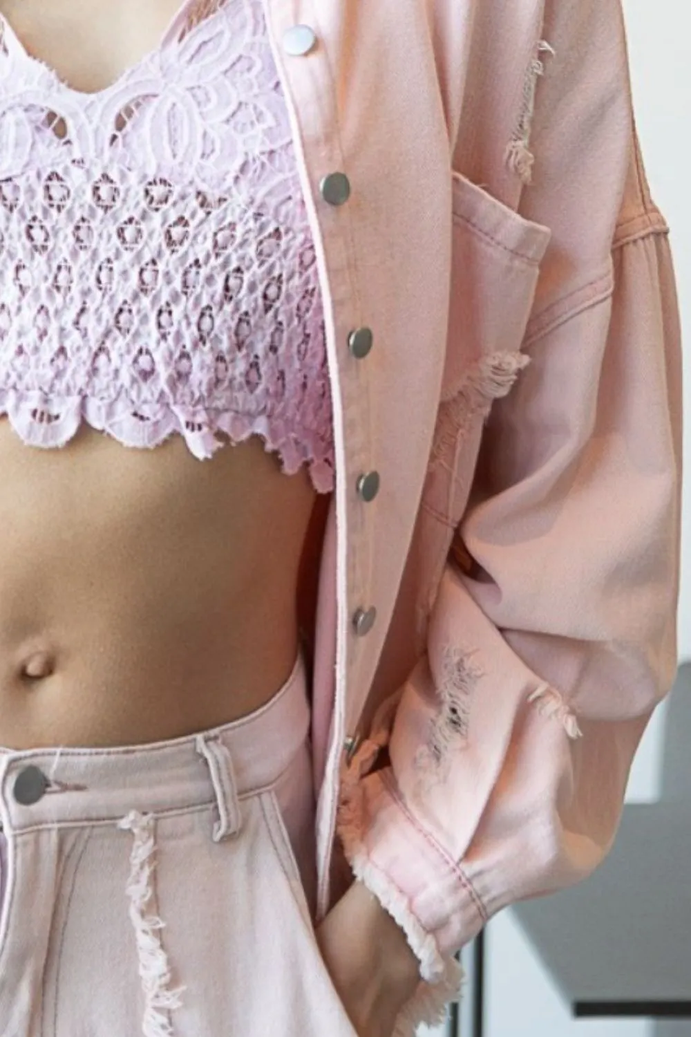 Button Down Raw Hem Distressed Shacket in Powder Pink