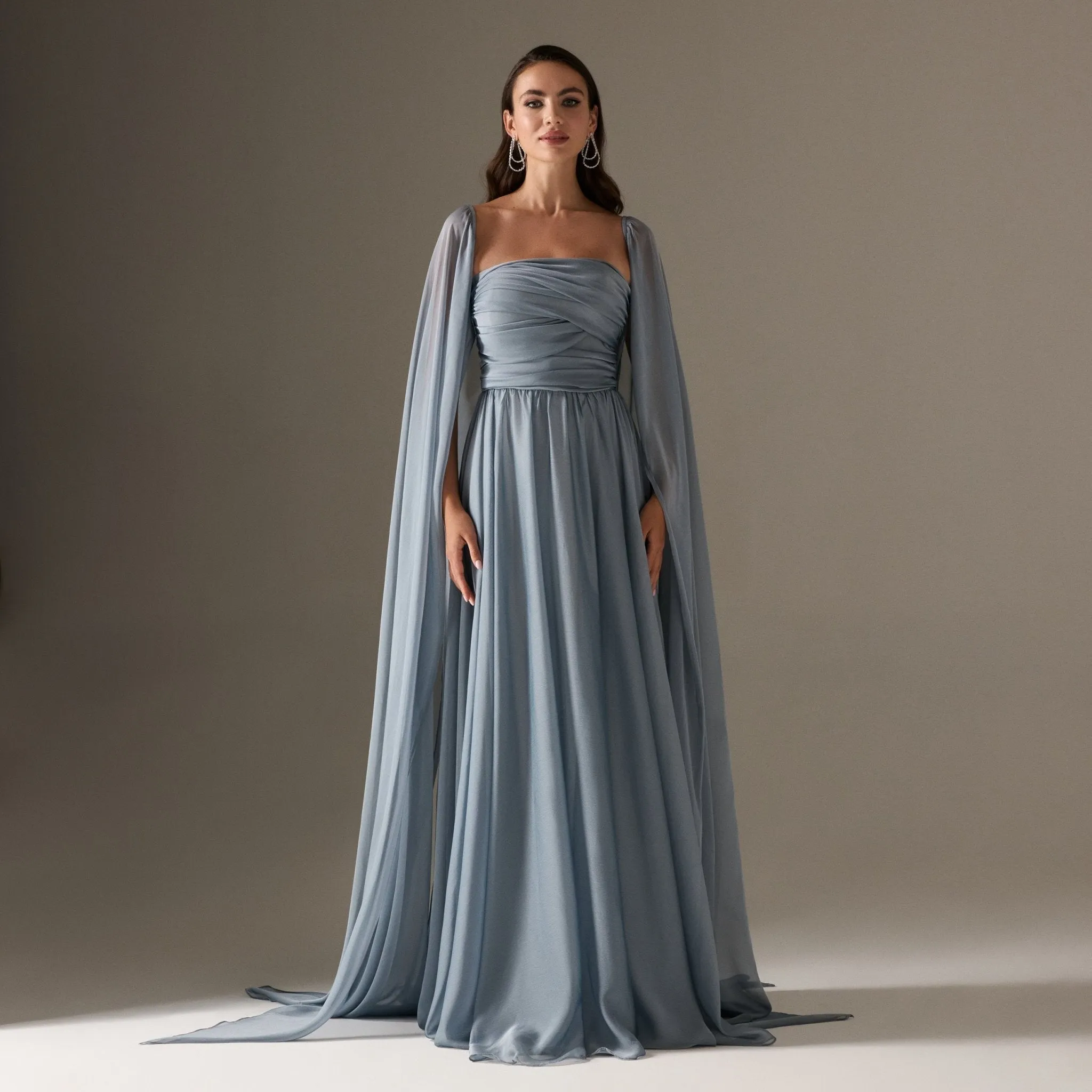 Cape Sleeve Drapped A-line Chiffon Dress