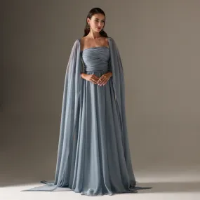 Cape Sleeve Drapped A-line Chiffon Dress