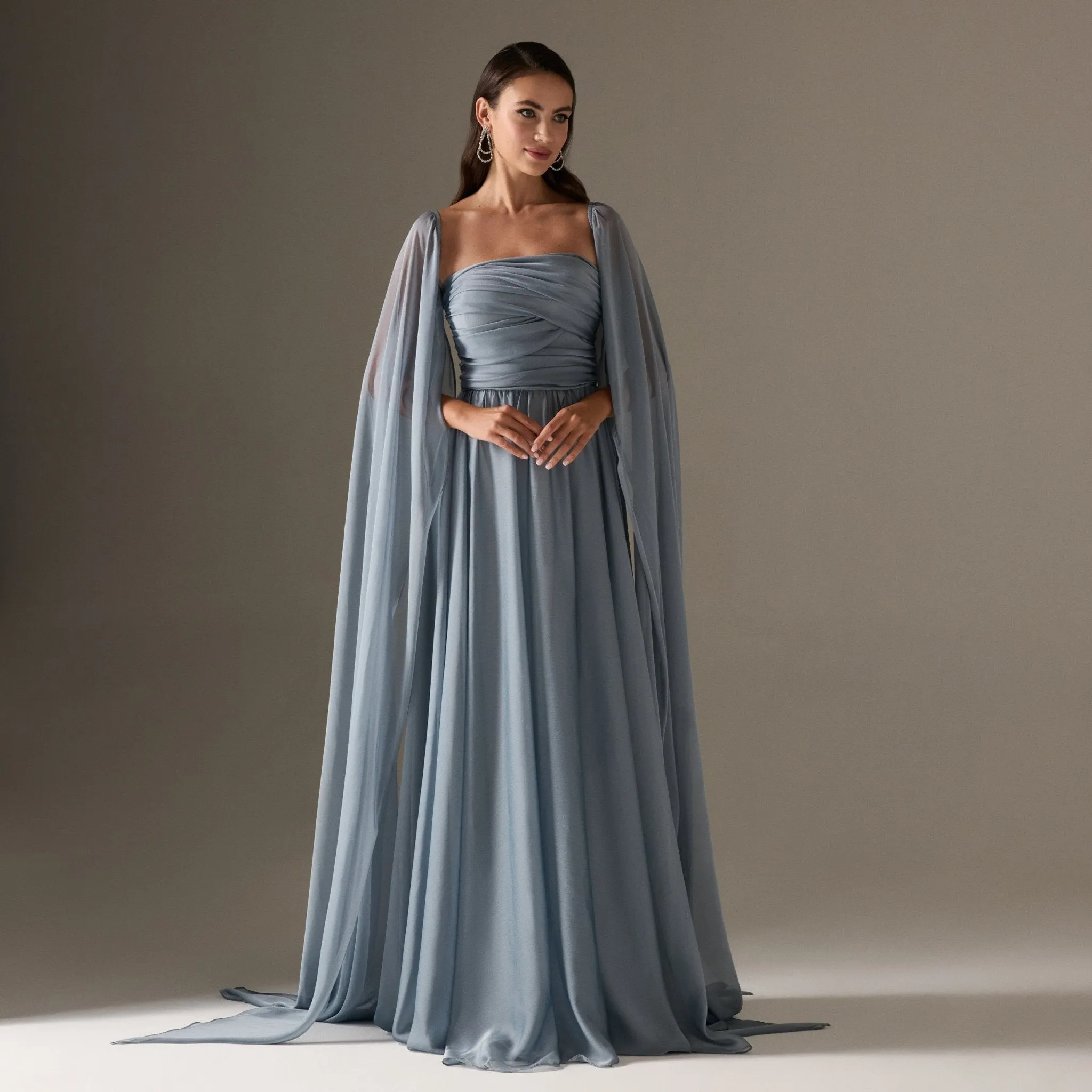 Cape Sleeve Drapped A-line Chiffon Dress
