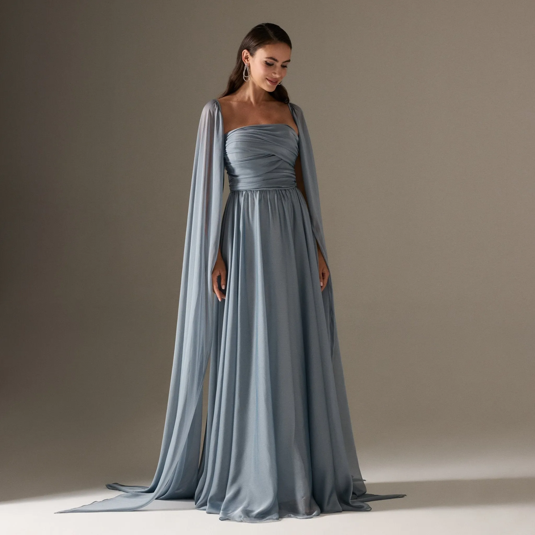 Cape Sleeve Drapped A-line Chiffon Dress