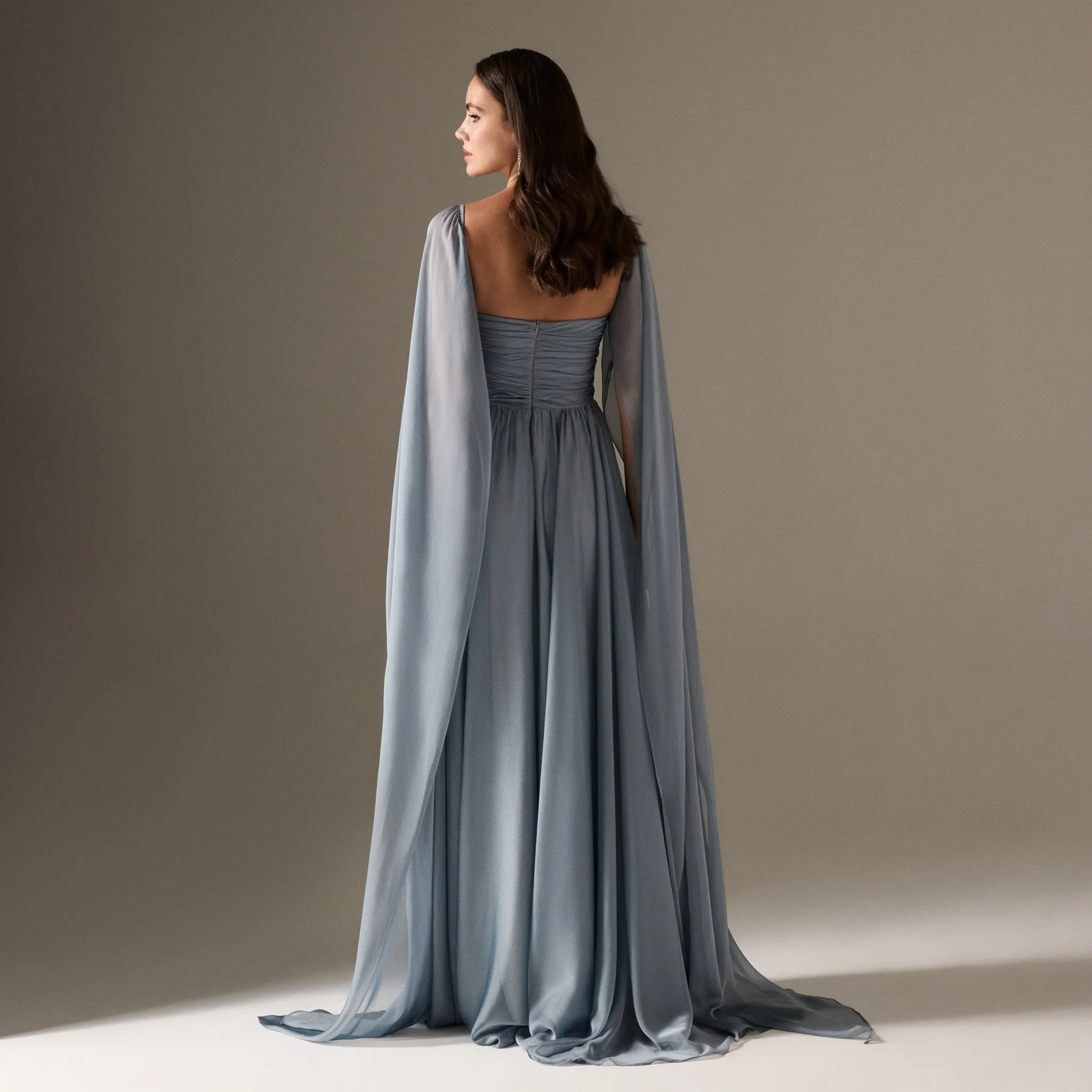 Cape Sleeve Drapped A-line Chiffon Dress