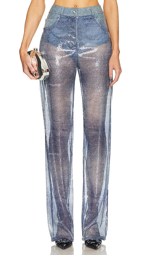 Ceren Ocak Denim Effect Sequin Flared Pant in Blue