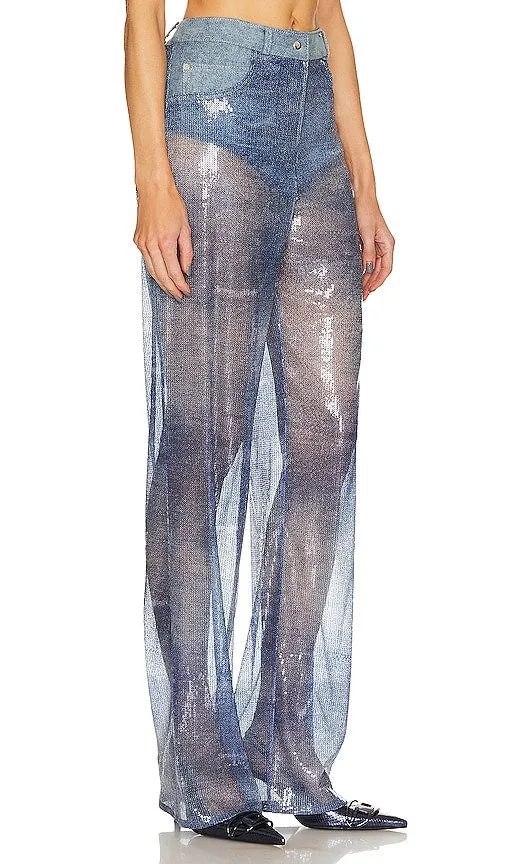 Ceren Ocak Denim Effect Sequin Flared Pant in Blue