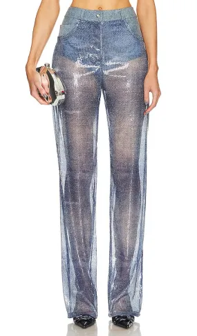 Ceren Ocak Denim Effect Sequin Flared Pant in Blue