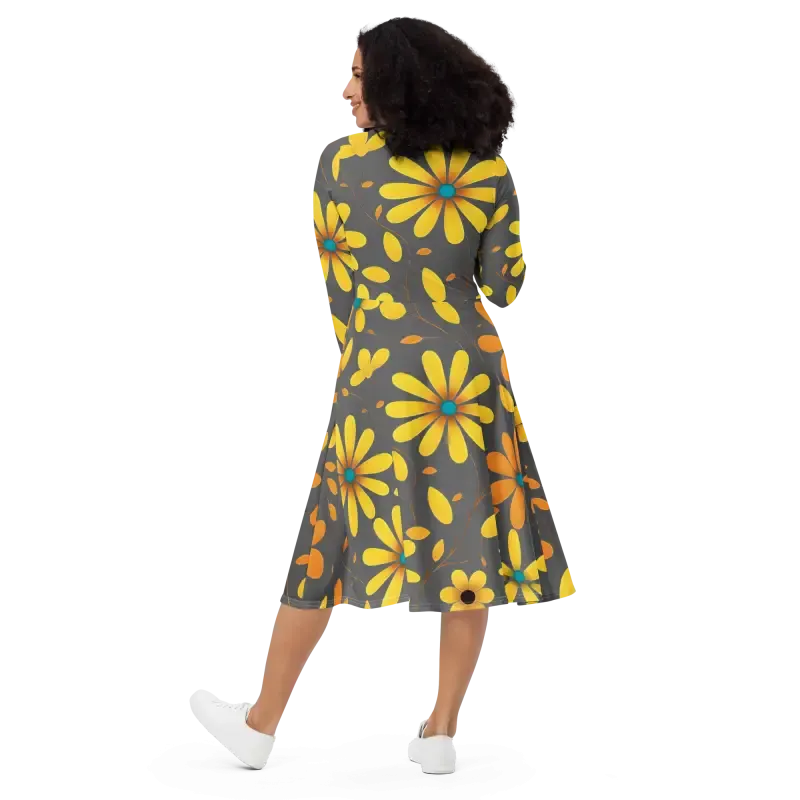 Chic Long Sleeve Midi Dress with Large Yellow Flowers