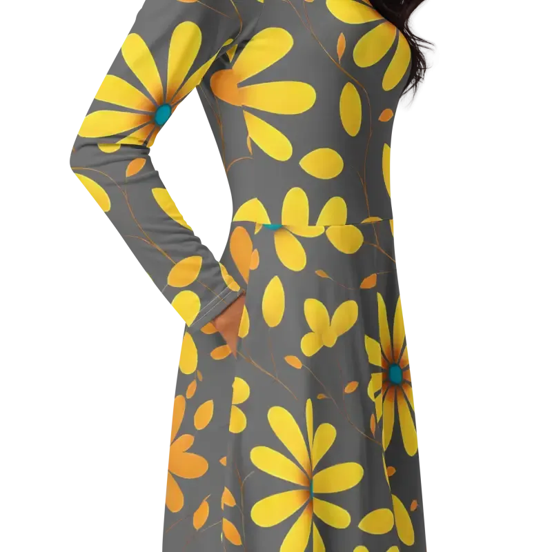 Chic Long Sleeve Midi Dress with Large Yellow Flowers
