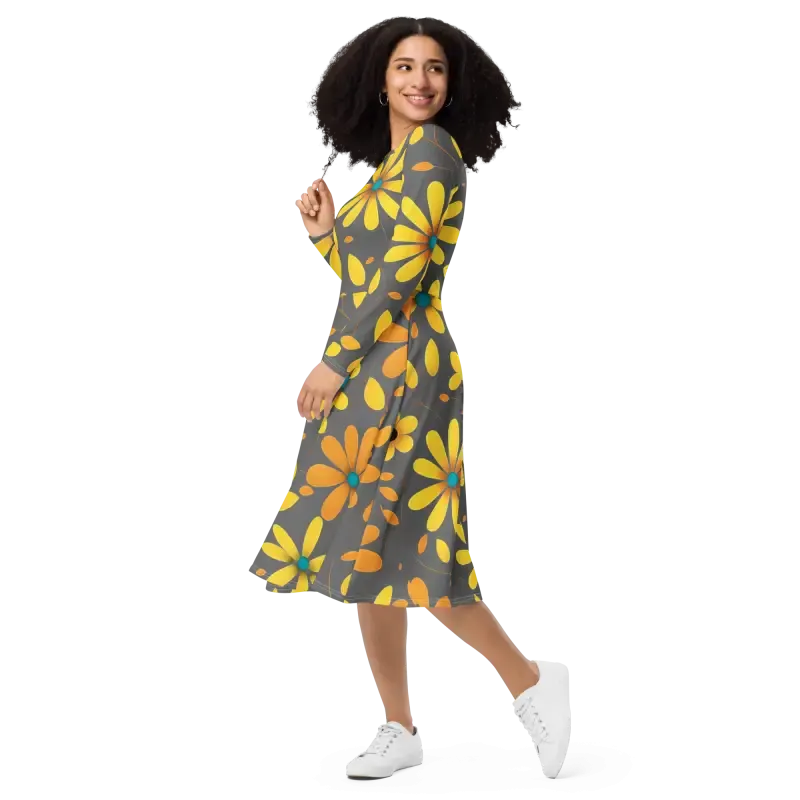Chic Long Sleeve Midi Dress with Large Yellow Flowers