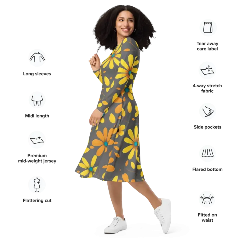 Chic Long Sleeve Midi Dress with Large Yellow Flowers