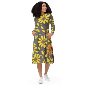 Chic Long Sleeve Midi Dress with Large Yellow Flowers