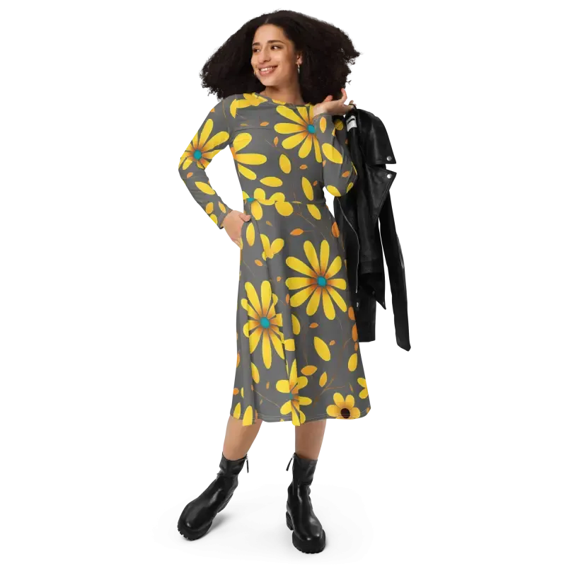 Chic Long Sleeve Midi Dress with Large Yellow Flowers