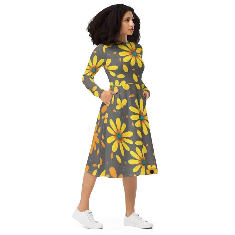 Chic Long Sleeve Midi Dress with Large Yellow Flowers