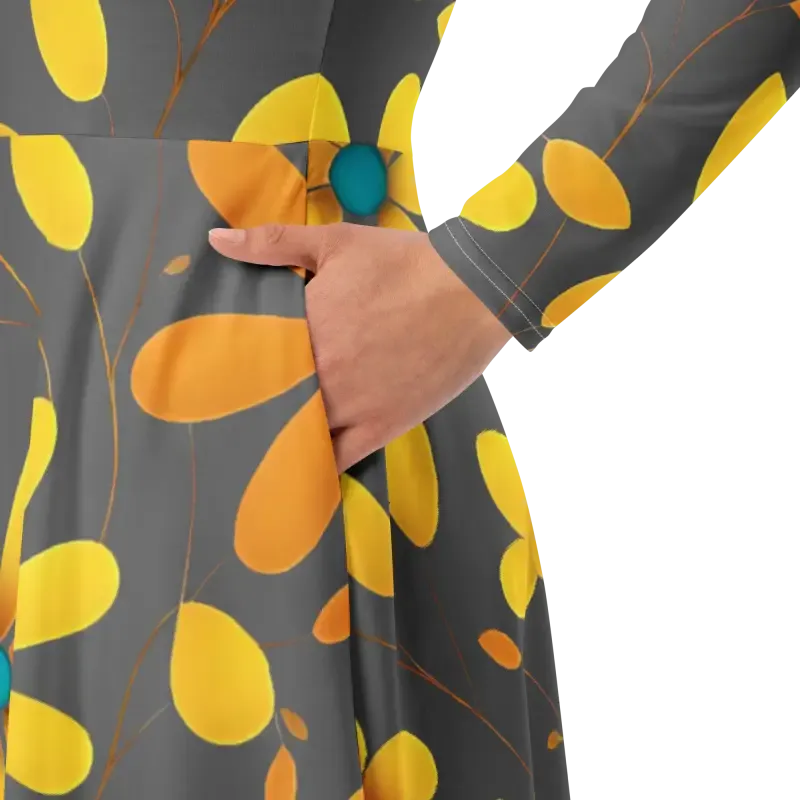 Chic Long Sleeve Midi Dress with Large Yellow Flowers