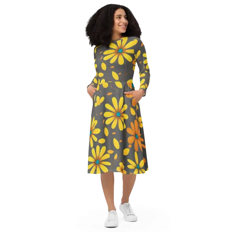 Chic Long Sleeve Midi Dress with Large Yellow Flowers