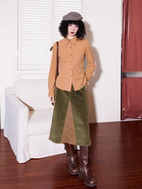 Corduroy Patchwork Flare Retro Simpe Long-Skirt
