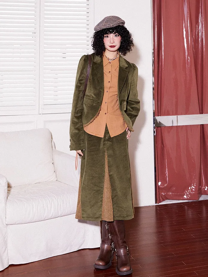Corduroy Patchwork Flare Retro Simpe Long-Skirt