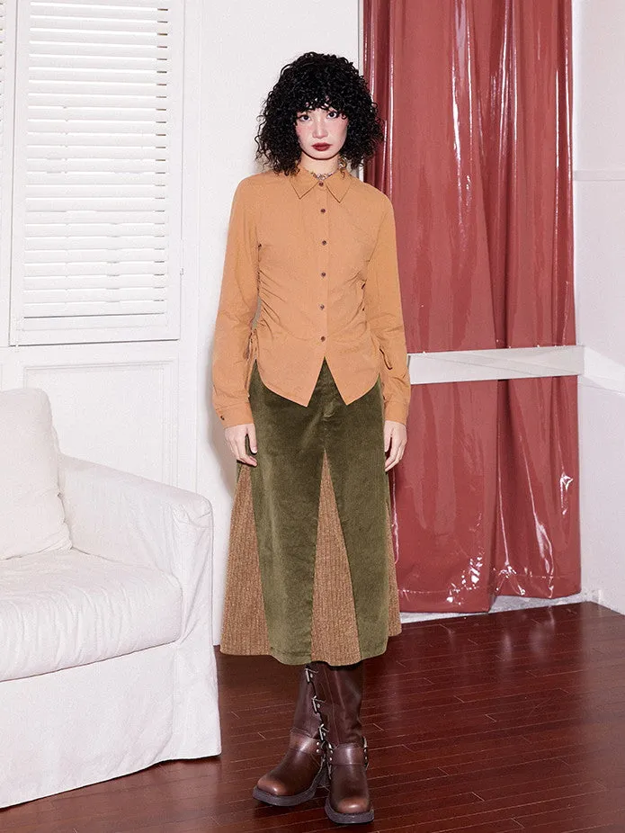 Corduroy Patchwork Flare Retro Simpe Long-Skirt