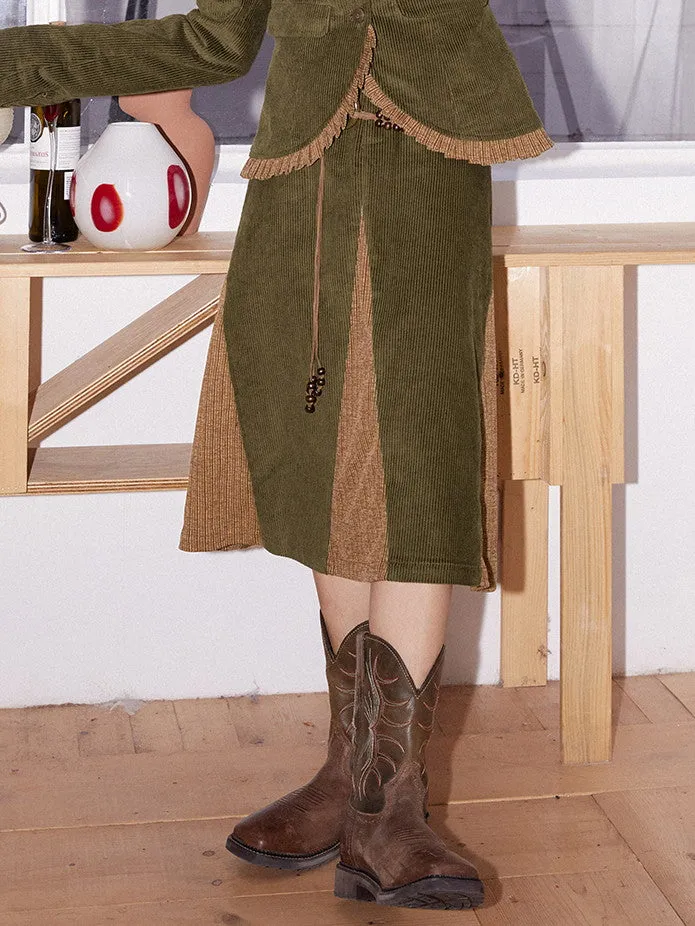 Corduroy Patchwork Flare Retro Simpe Long-Skirt